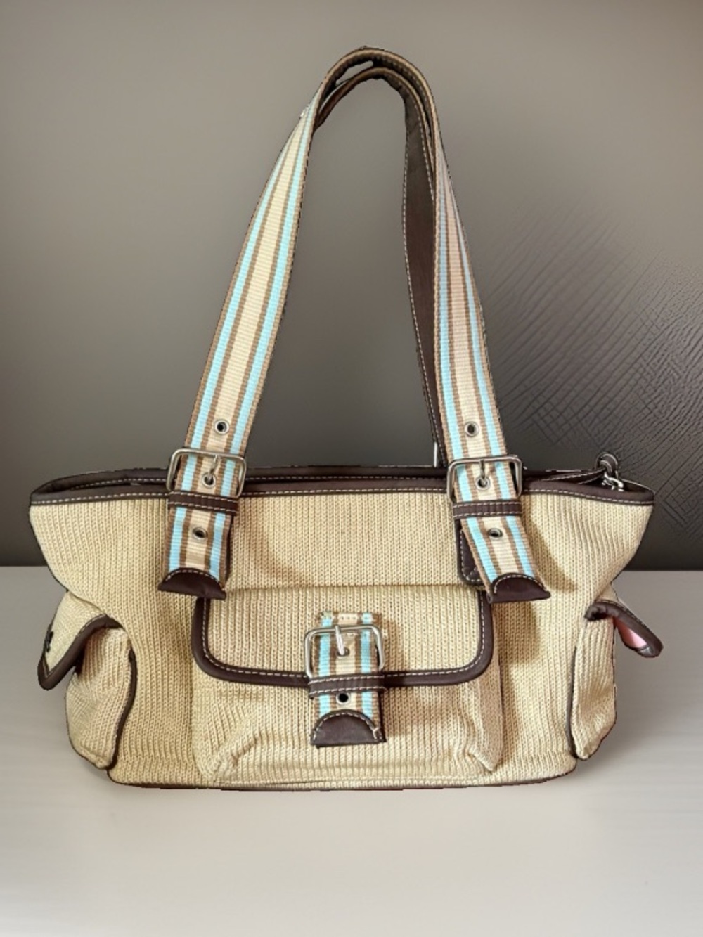 Y2K Vintage The Sak Belinda Shoulder Bag • Tan Ribbed Corduroy & Blue Stripes